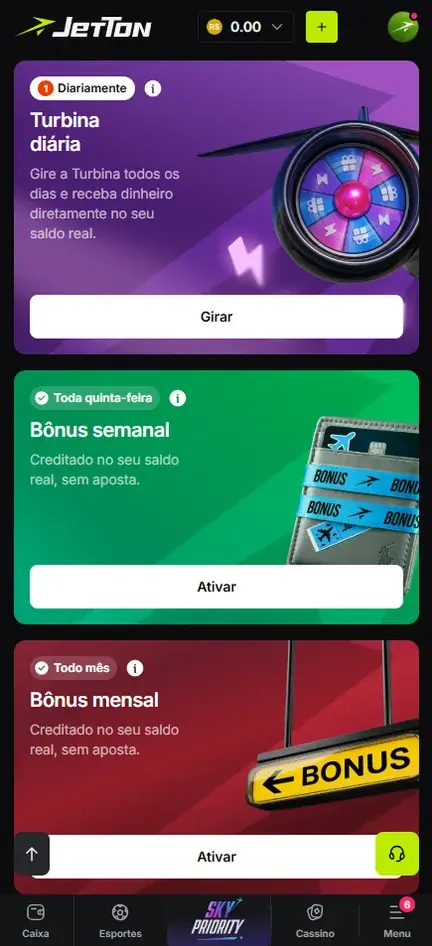Área de promoções da Jetton com três cartões: Turbina diária com selo Diariamente e botão Girar, Bônus semanal com selo Toda quinta-feira e Bônus mensal com selo Todo mês, estes dois com botão Ativar