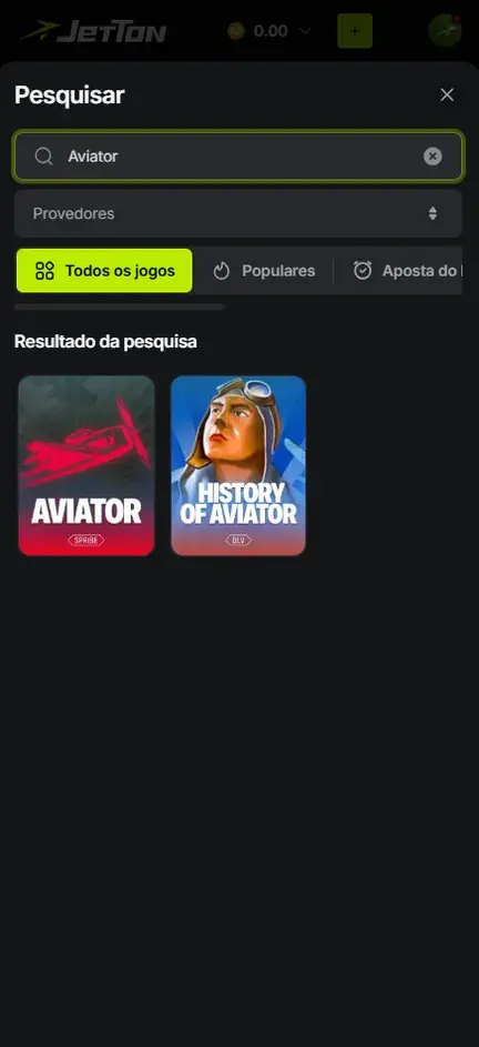 Pesquisar da Jetton com Aviator digitado e duas capas no resultado: Aviator da Spribe e History of Aviator