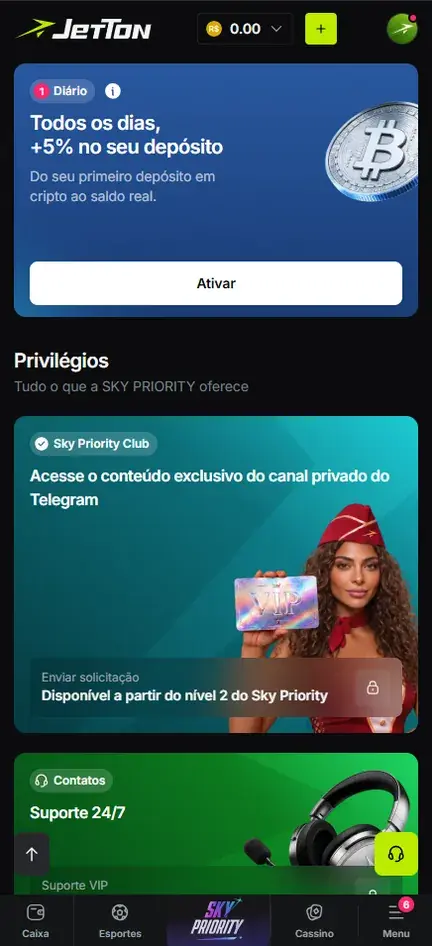 Tela da Jetton com o card de +5% no depósito em cripto e a seção Privilégios, onde o Sky Priority Club oferece conteúdo exclusivo de um canal privado do Telegram, com Enviar solicitação a partir do nível 2