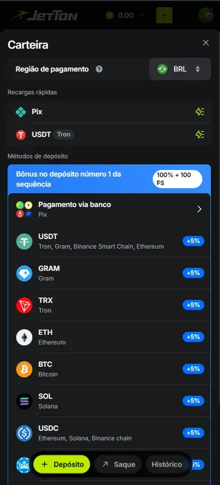 Lista de métodos de depósito da Jetton com Pagamento via banco Pix no topo, moedas USDT, GRAM, TRX, ETH, BTC, SOL e USDC marcadas com +5% e uma última linha encoberta pelos botões