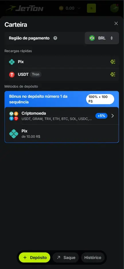 Aba Depósito da Carteira da Jetton com região de pagamento BRL, recargas rápidas Pix e USDT Tron, aviso de 100% + 100 FS no primeiro depósito, Criptomoeda com +5% e Pix a partir de 10,00 R$