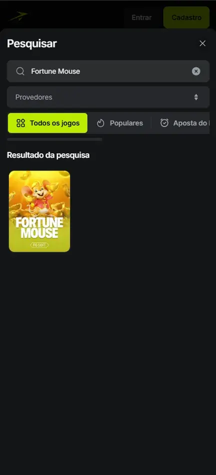 Pesquisar com Fortune Mouse digitado e uma única capa da PG Soft; no alto, os botões Entrar e Cadastro