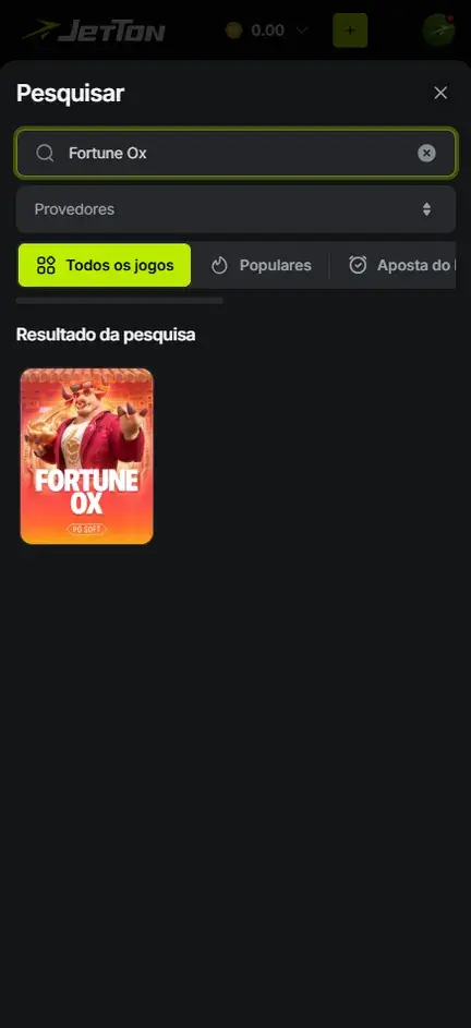 Busca Fortune Ox na Jetton com uma só capa no resultado, o touro da PG Soft