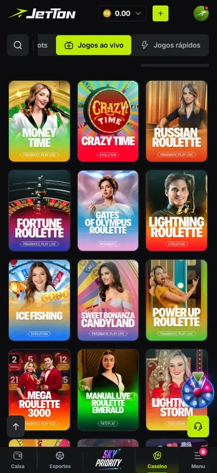 Grade da aba Jogos ao vivo com doze capas, entre elas Money Time, Crazy Time, Lightning Roulette, Ice Fishing e Sweet Bonanza Candyland