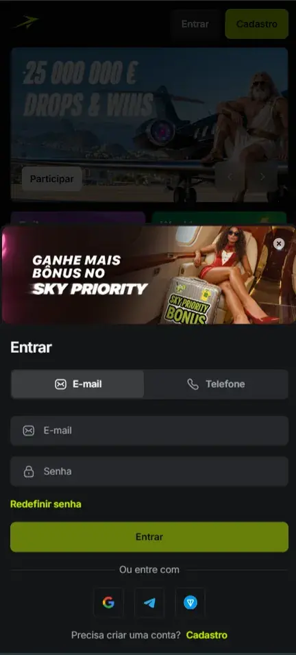 Formulário Entrar da Jetton abaixo do banner do Sky Priority, com aba E-mail ativa, campos E-mail e Senha, link Redefinir senha, botão Entrar e ícones de Google, Telegram e TON
