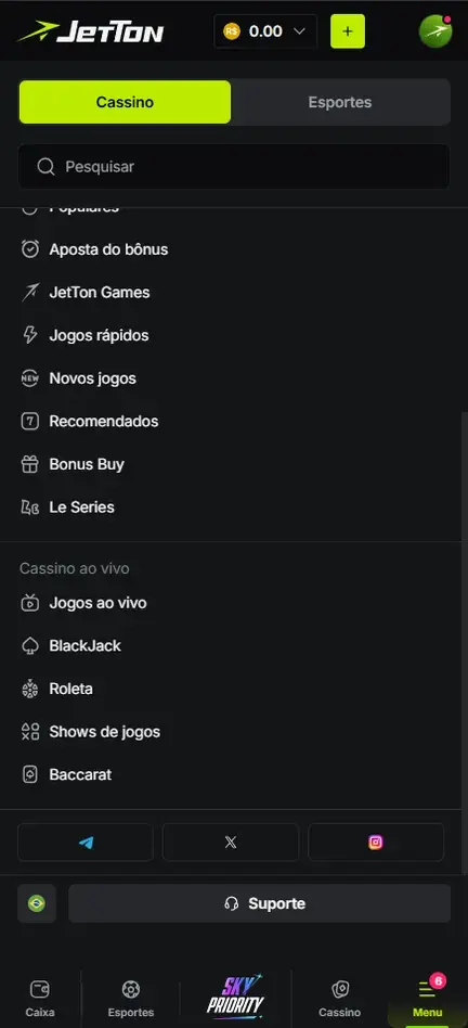 Menu da Jetton rolado até Cassino ao vivo, com Jogos ao vivo, BlackJack, Roleta, Shows de jogos e Baccarat, seguidos dos ícones de Telegram, X e Instagram e do botão Suporte