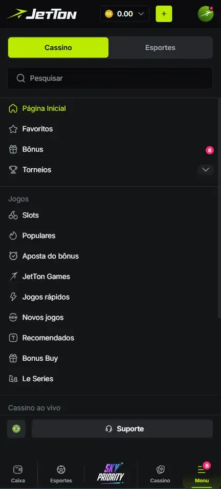 Lista do Menu na aba Cassino, com campo Pesquisar, atalhos Favoritos, Bônus e Torneios e as entradas do grupo Jogos