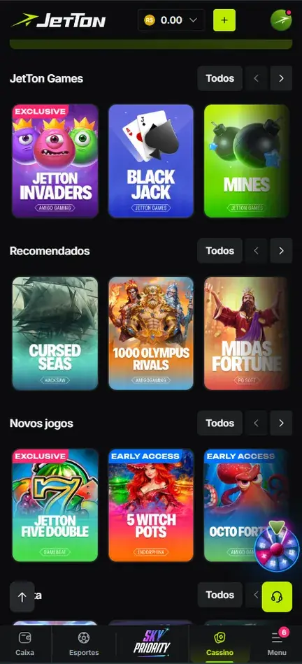 Lobby da Jetton com a faixa JetTon Games, onde estão Jetton Invaders, Black Jack e Mines, e as faixas Recomendados e Novos jogos
