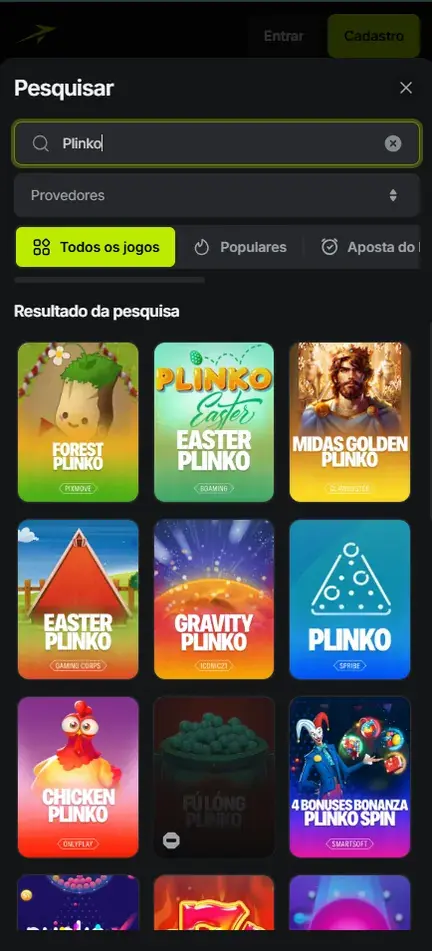 Resultado da busca Plinko na Jetton com muitas capas de estúdios diferentes e os botões Entrar e Cadastro no topo