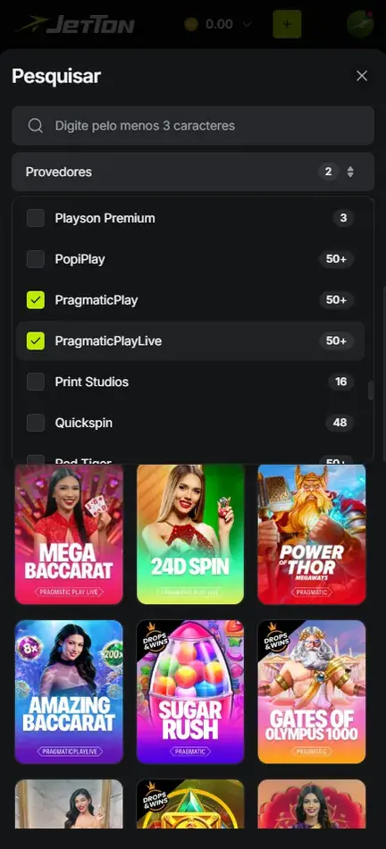 Painel Pesquisar da Jetton com o filtro Provedores aberto e PragmaticPlay e PragmaticPlayLive marcados