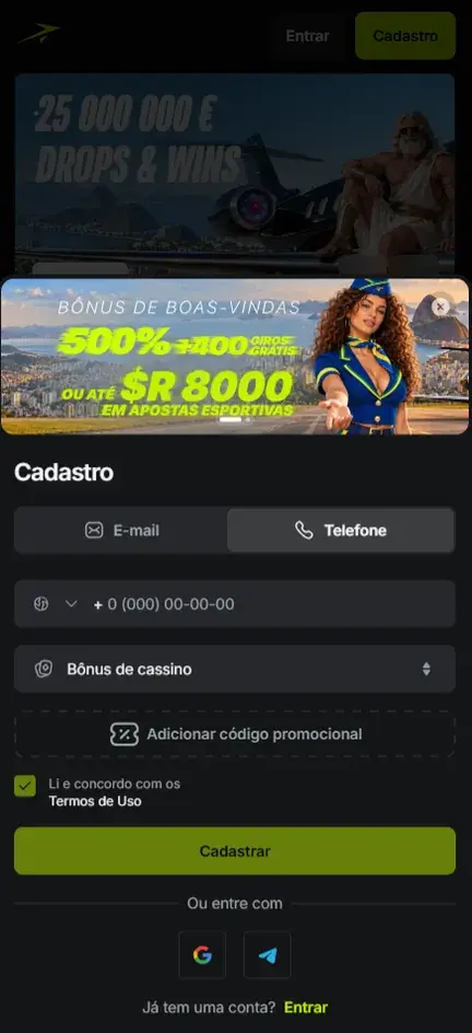 Cadastro da Jetton na aba Telefone, com campo de número e seletor de país, seletor Bônus de cassino e banner de 500% mais 400 giros grátis ou até R$ 8000 em apostas esportivas