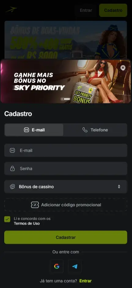 Formulário Cadastro da Jetton na aba E-mail, sob o banner do Sky Priority, com campos E-mail e Senha, seletor Bônus de cassino, botão pontilhado Adicionar código promocional, aceite marcado e botão Cadastrar