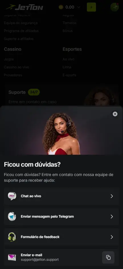 Rodapé do site da Jetton com os links Equipe de segurança, Programa de afiliados, Suporte a afiliados, Regras e Torneios, parcialmente coberto pela janela Ficou com dúvidas?