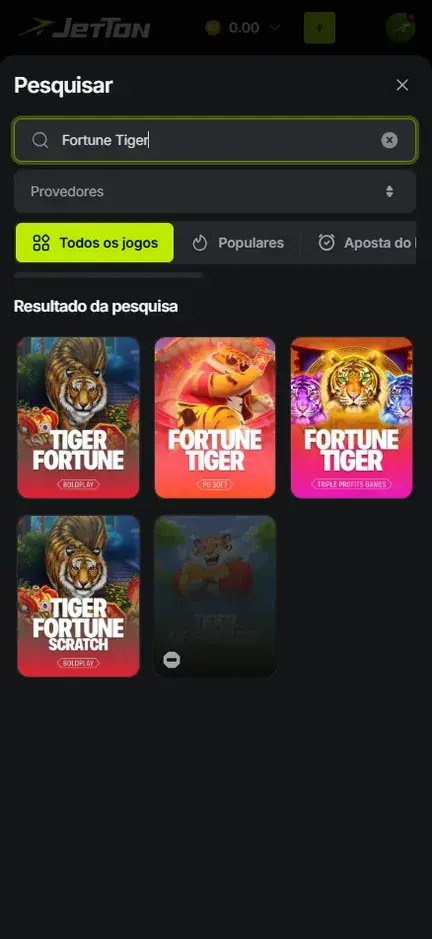 Pesquisa da Jetton com Fortune Tiger digitado e cinco capas no resultado, uma delas acinzentada