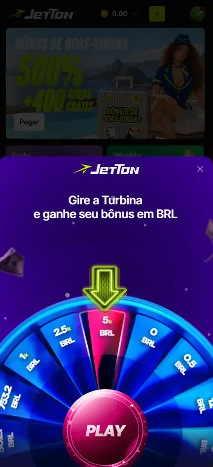 Roda colorida da Turbina com valores em BRL, a seta apontando para 5k BRL e o botão Play no centro