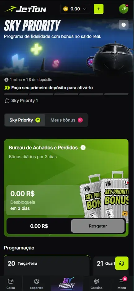 Tela Sky Priority da Jetton: aviso 1 milha = 1 $ de depósito, nível Sky Priority 1 com cadeado, abas Sky Priority e Meus bônus e bloco Bureau de Achados e Perdidos